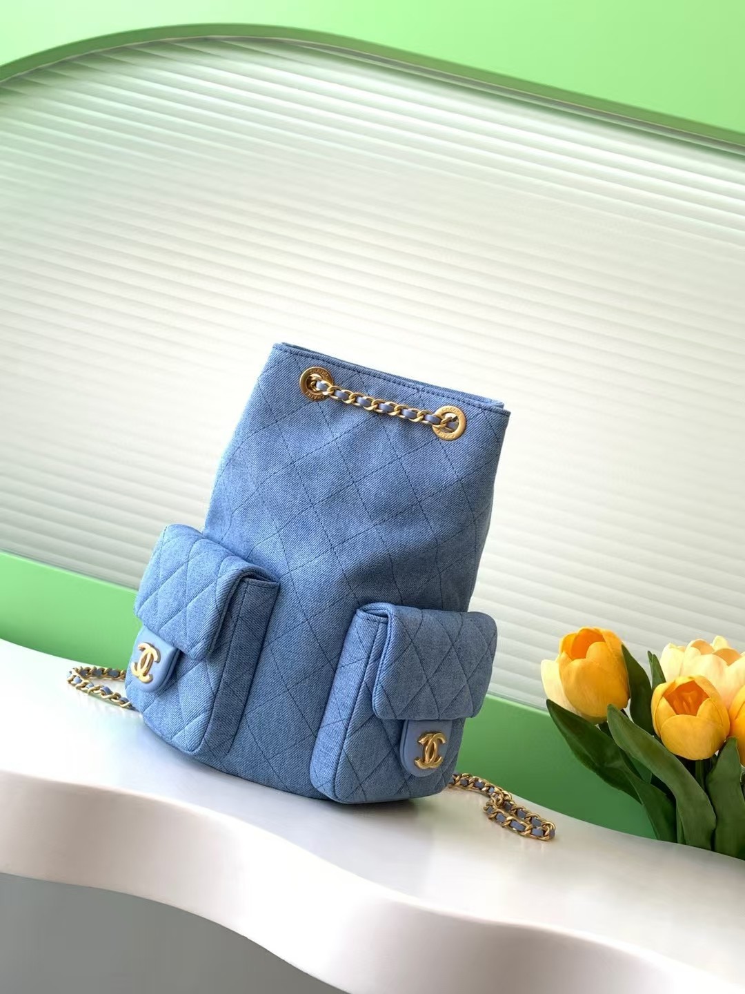 [TOP] CHANEL Backpack Denim 24.5x18x8cm - Blue/Light Blue