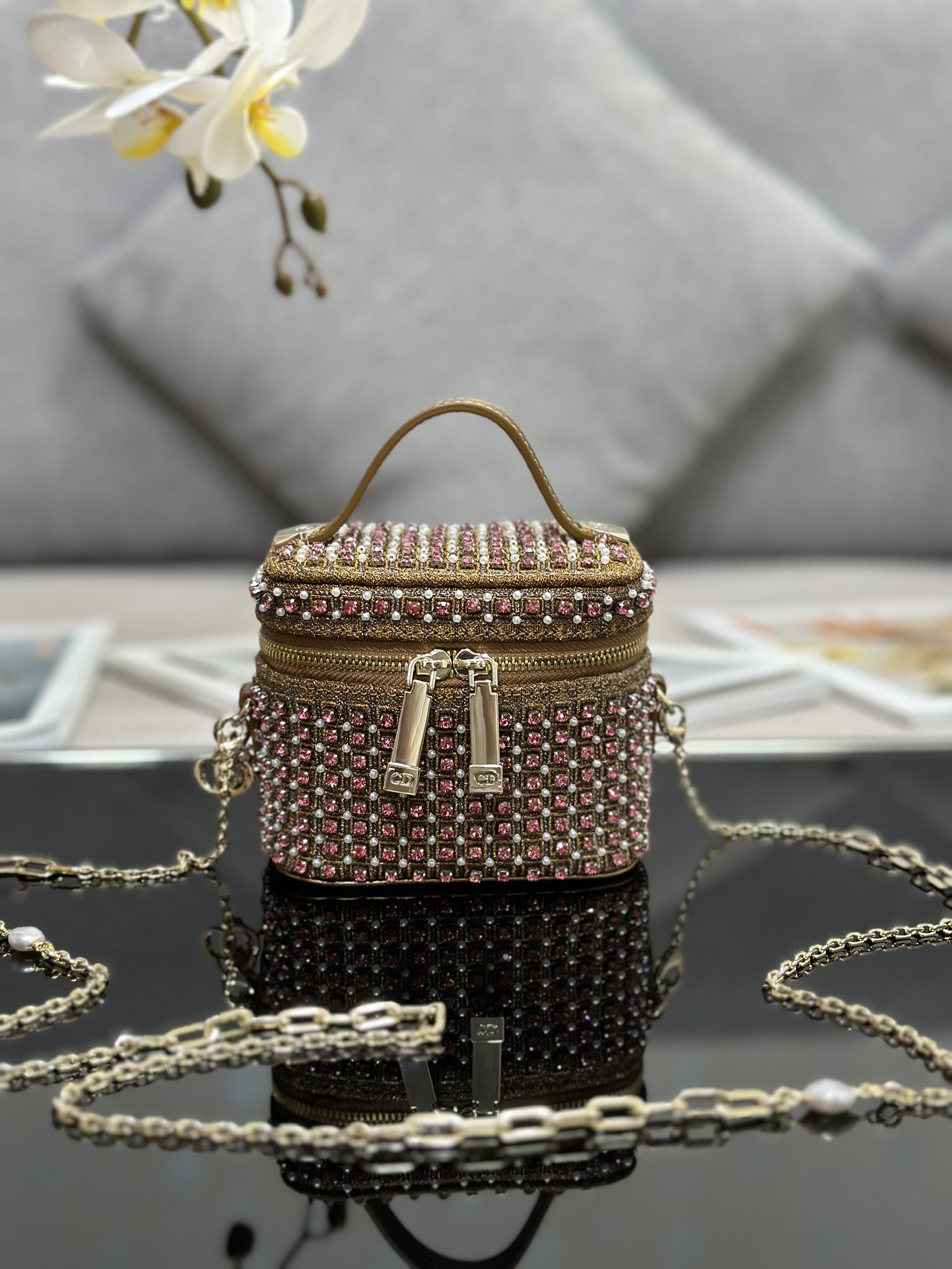 [TOP] Christian Dior Mini Makeup Bag Embroidered With Red Diamonds 11*10*7 - Gold&Red