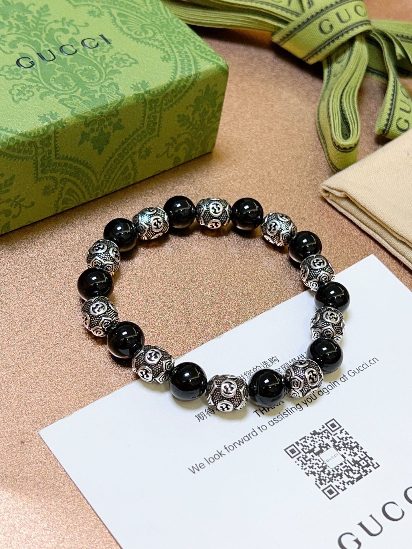 [TOP] GUCCI Black Agate Beaded Bracelet - Black&Silver