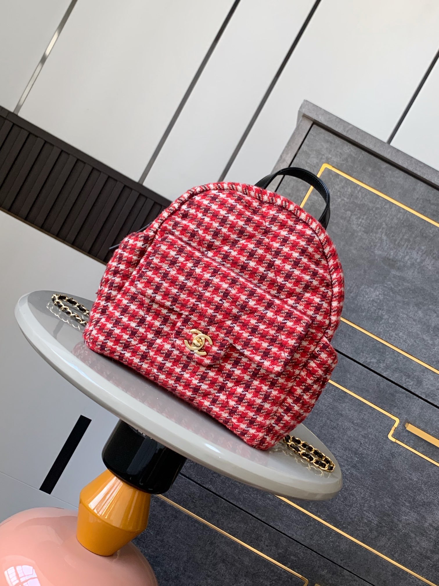 [TOP] CHANEL Houndstooth Backpack 28×26×11cm - Red