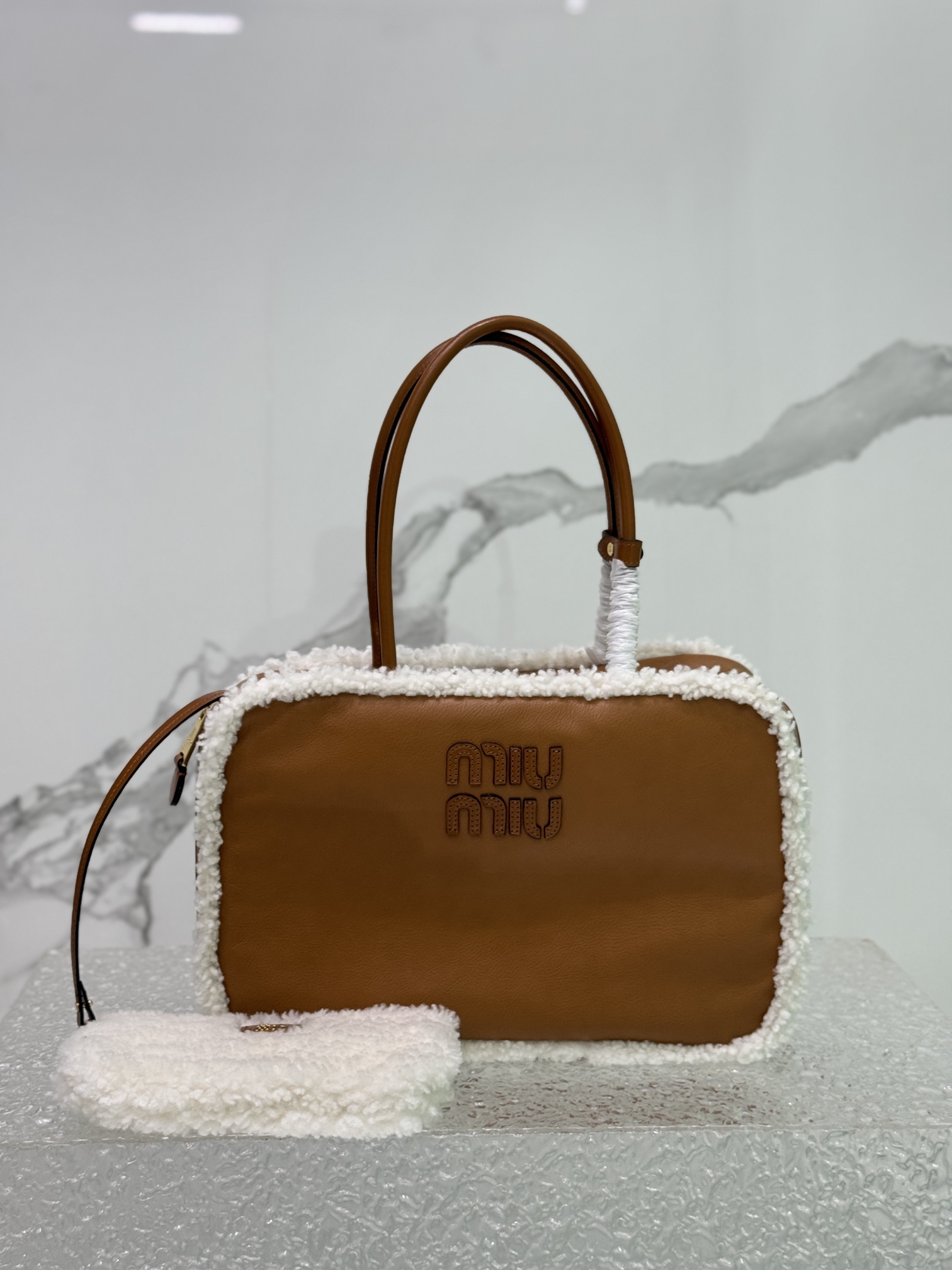 [TOP] Miu Miu Briefcase Calfskin/Lambswool 29x17x9cm/34x10x23cm - Brown