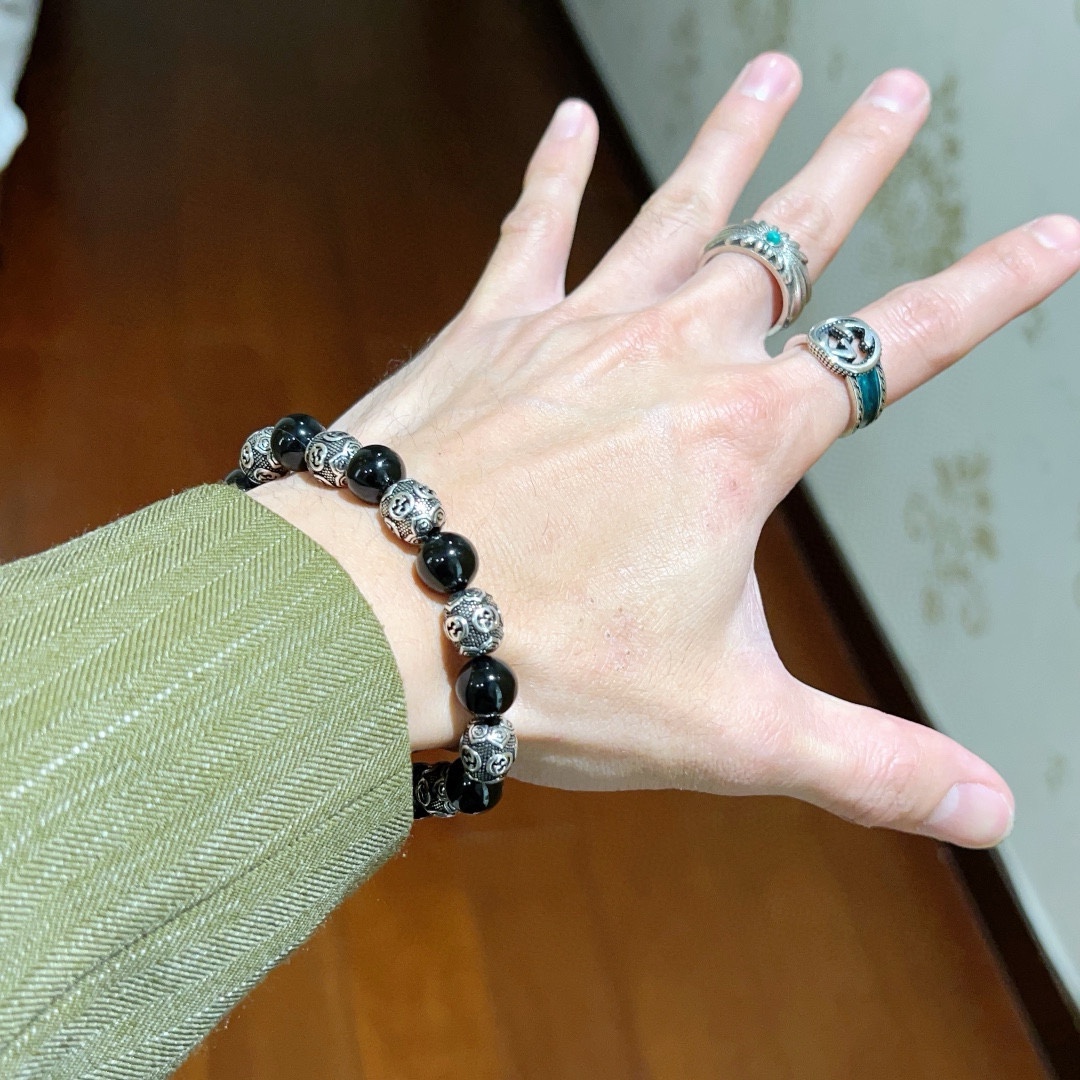 [TOP] GUCCI Black Agate Beaded Bracelet - Black&Silver