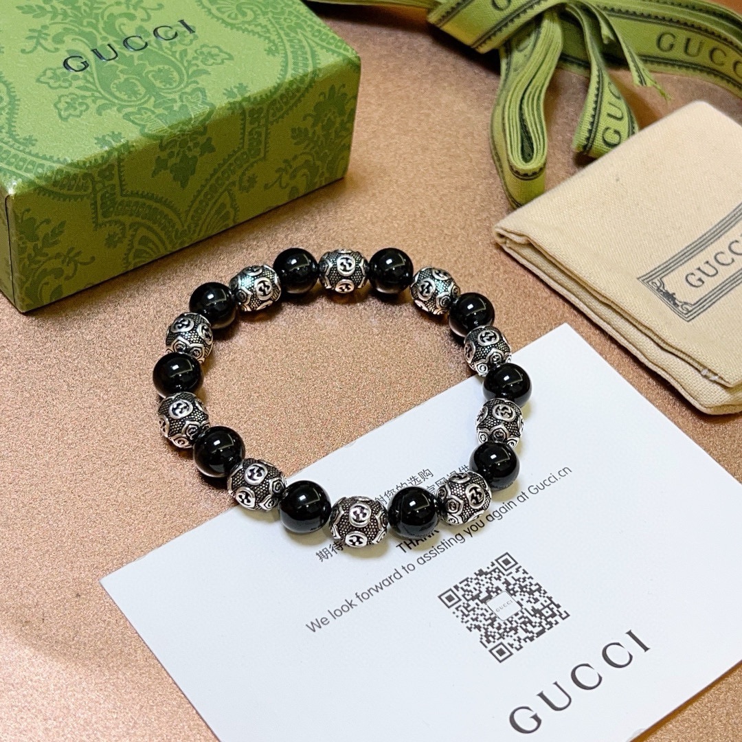 [TOP] GUCCI Black Agate Beaded Bracelet - Black&Silver