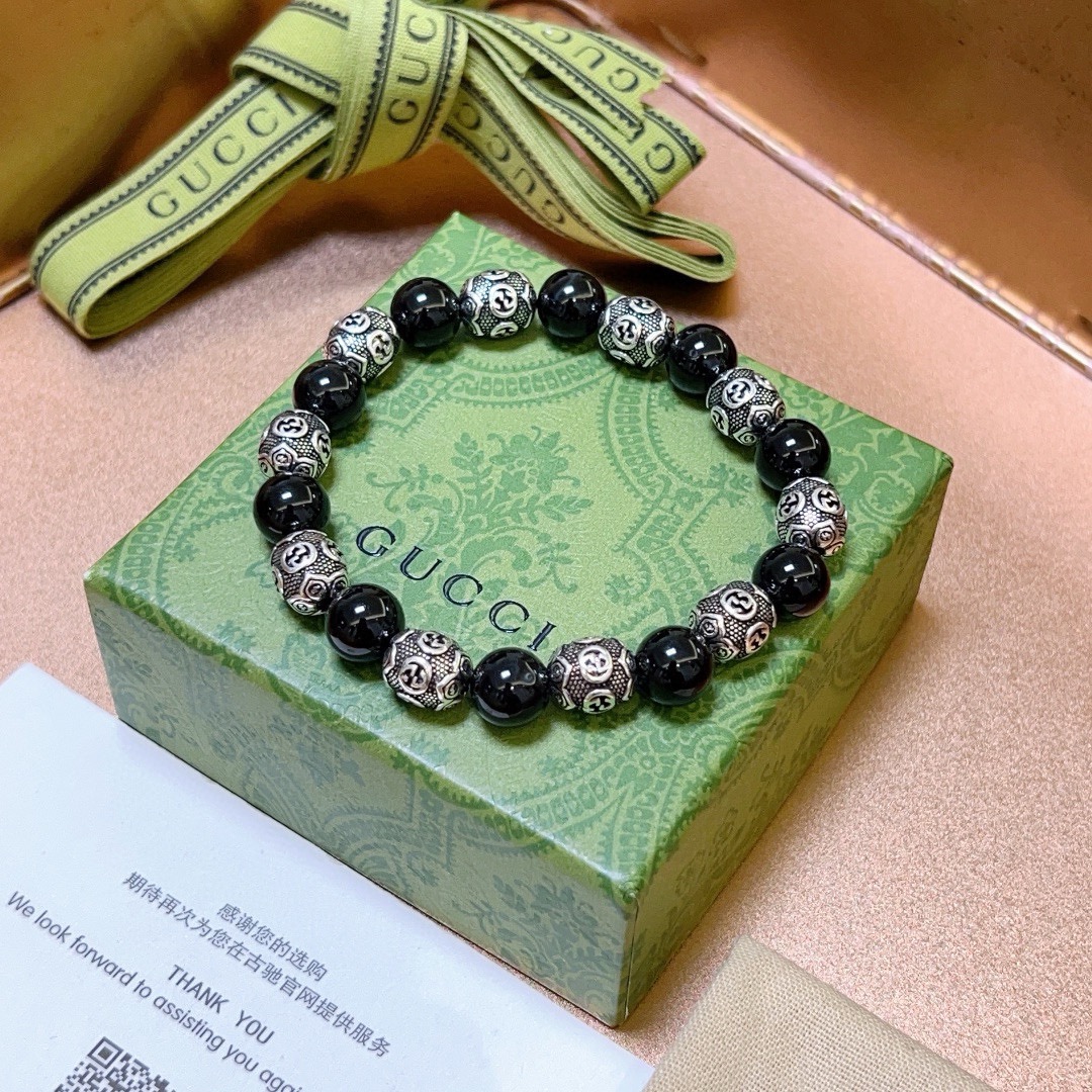 [TOP] GUCCI Black Agate Beaded Bracelet - Black&Silver