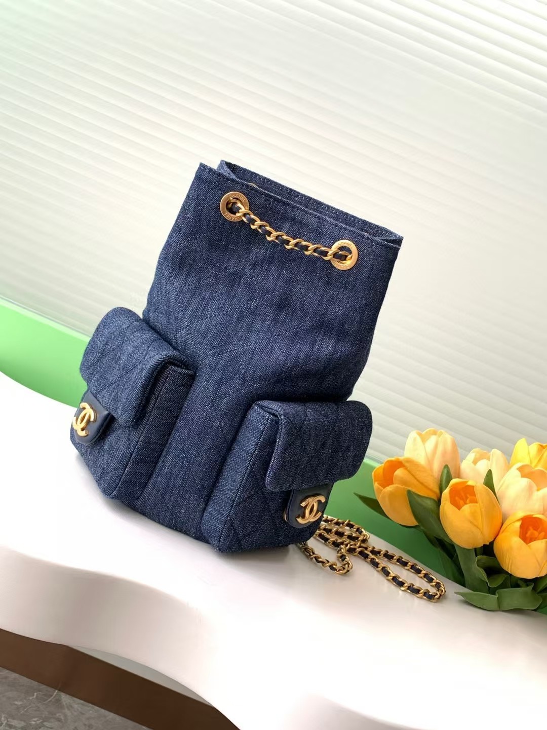 [TOP] CHANEL Backpack Denim 24.5x18x8cm - Blue/Light Blue