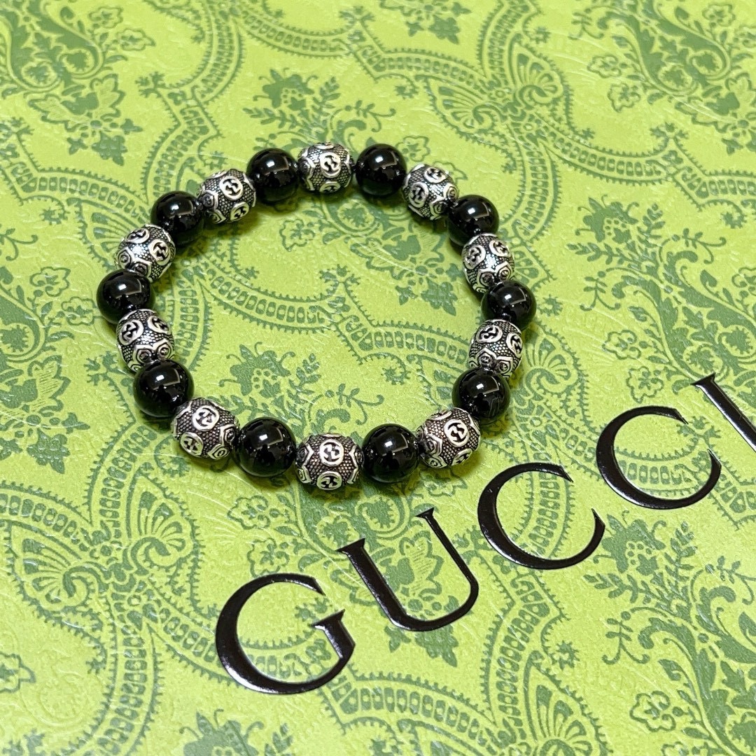 [TOP] GUCCI Black Agate Beaded Bracelet - Black&Silver