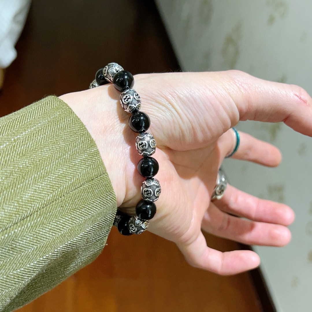 [TOP] GUCCI Black Agate Beaded Bracelet - Black&Silver