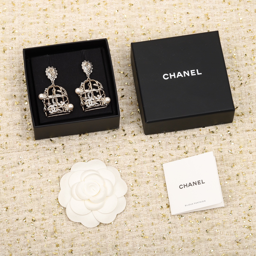[TOP] CHANEL Birdcage Earrings - Silver