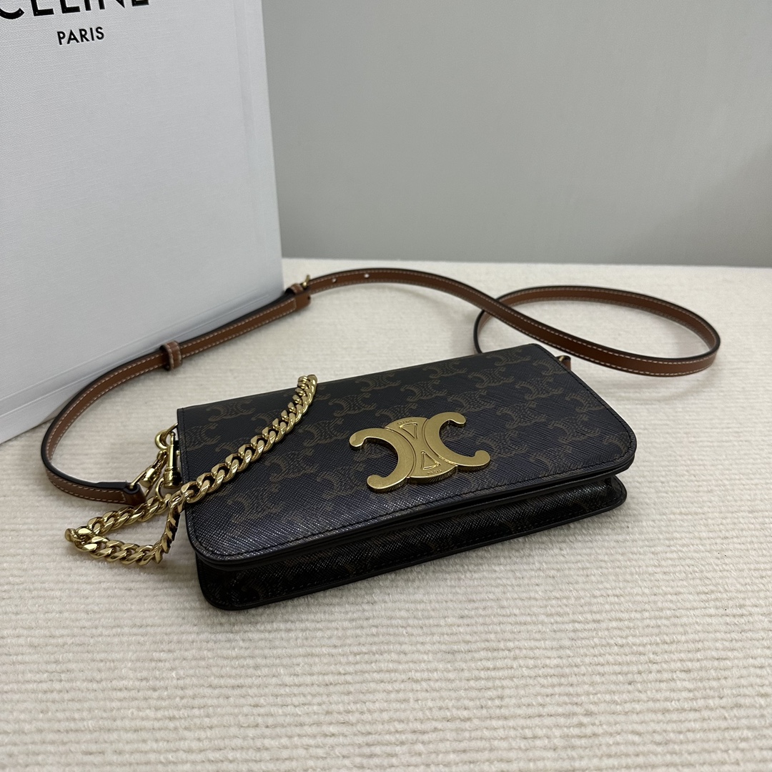[TOP] CELINE Triomphe Chain Shoulder Bag Cowhide with Logo-printed 20.5x11x4cm - 2Colour