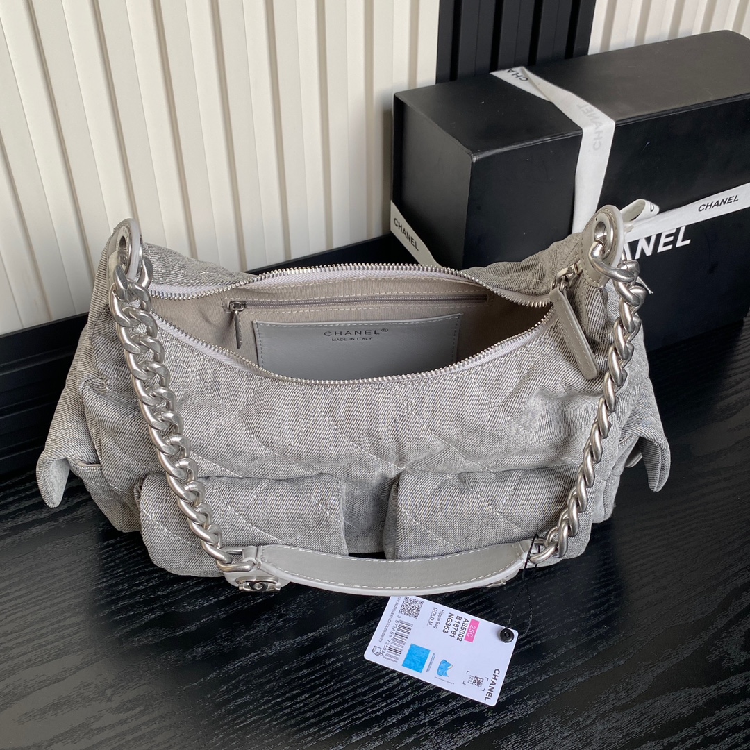 [TOP] CHANEL Hobo Bag Denim 27x35x18cm - Gray