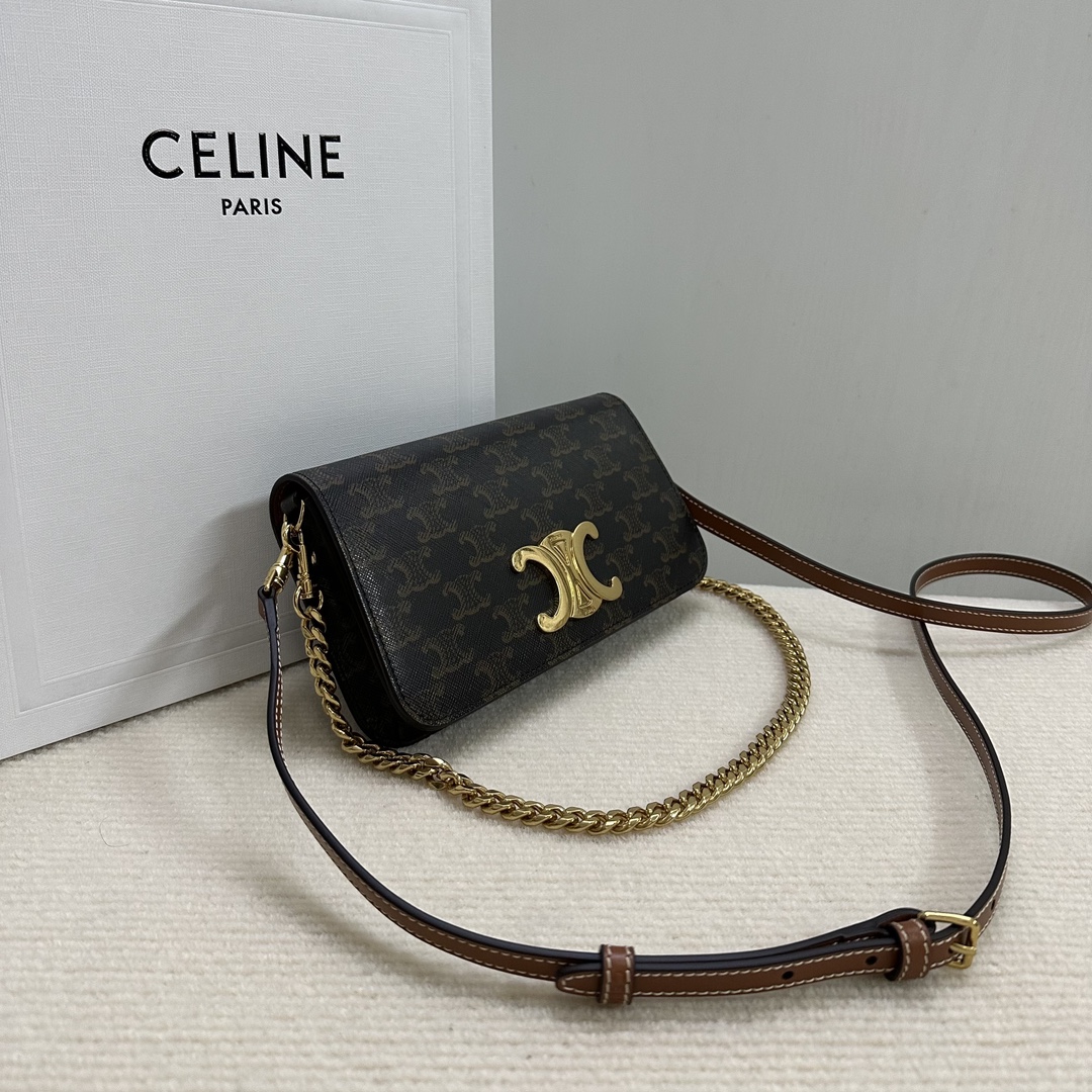 [TOP] CELINE Triomphe Chain Shoulder Bag Cowhide with Logo-printed 20.5x11x4cm - 2Colour