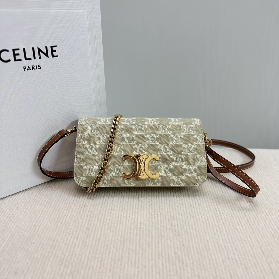 [TOP] CELINE Triomphe Chain Shoulder Bag Cowhide with Logo-printed 20.5x11x4cm - 2Colour