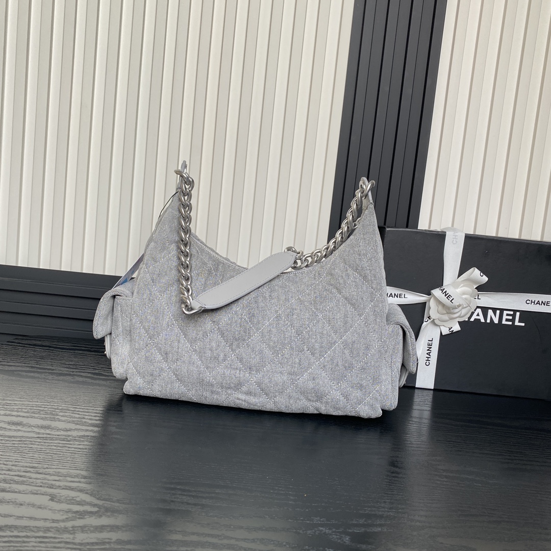 [TOP] CHANEL Hobo Bag Denim 27x35x18cm - Gray