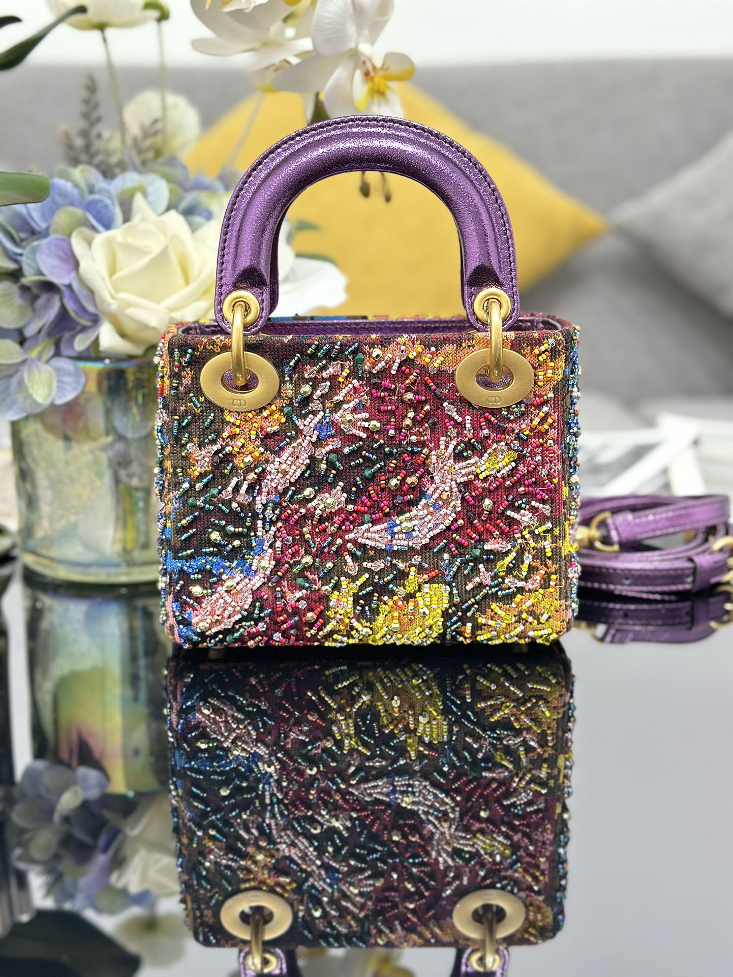 [TOP] Christian Dior Lady Dior Bag Embroidery Art Limited Beads 17x15x7cm - Colorful