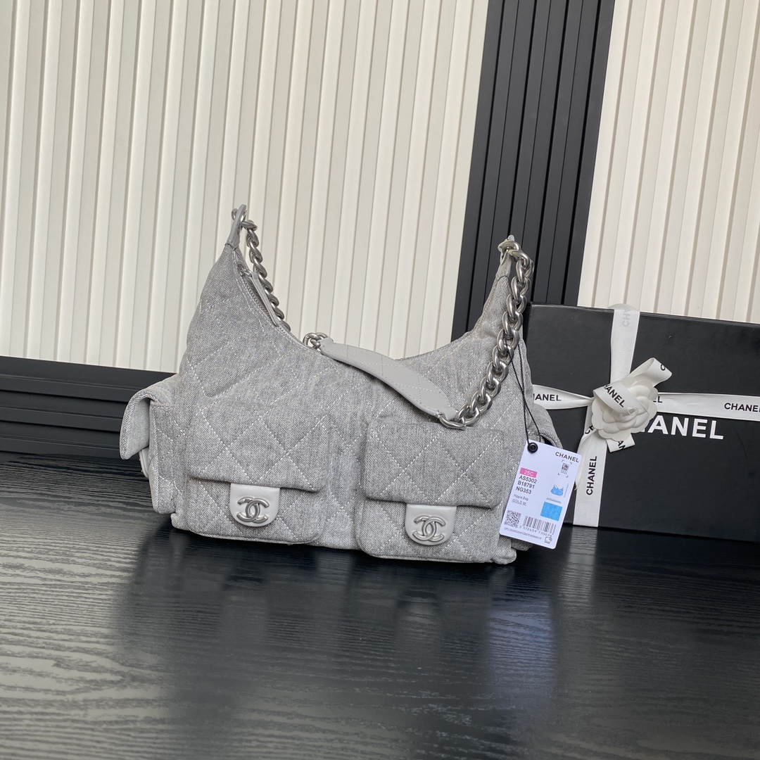 [TOP] CHANEL Hobo Bag Denim 27x35x18cm - Gray