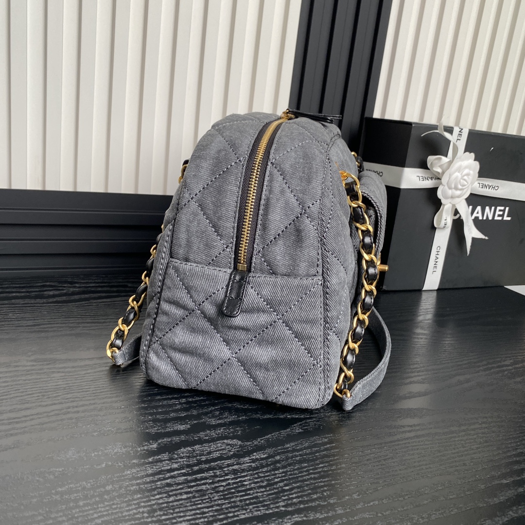 [TOP] CHANEL Denim Bowling Bag with Pocket 21.5×33×14.5cm/28×44×15.5cm - Gray