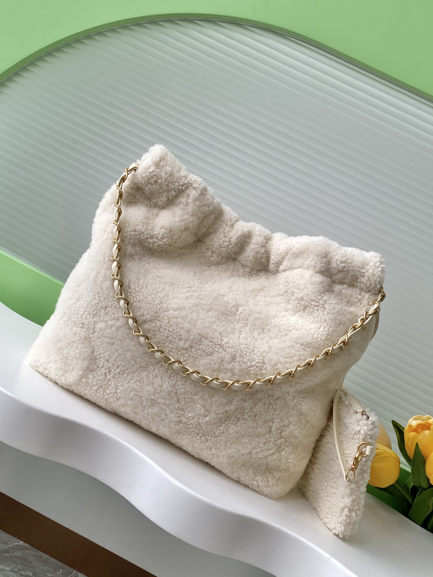 [TOP] CHANEL 22 Bag Wool 19x20x6cm/35x37x7cm - Beige