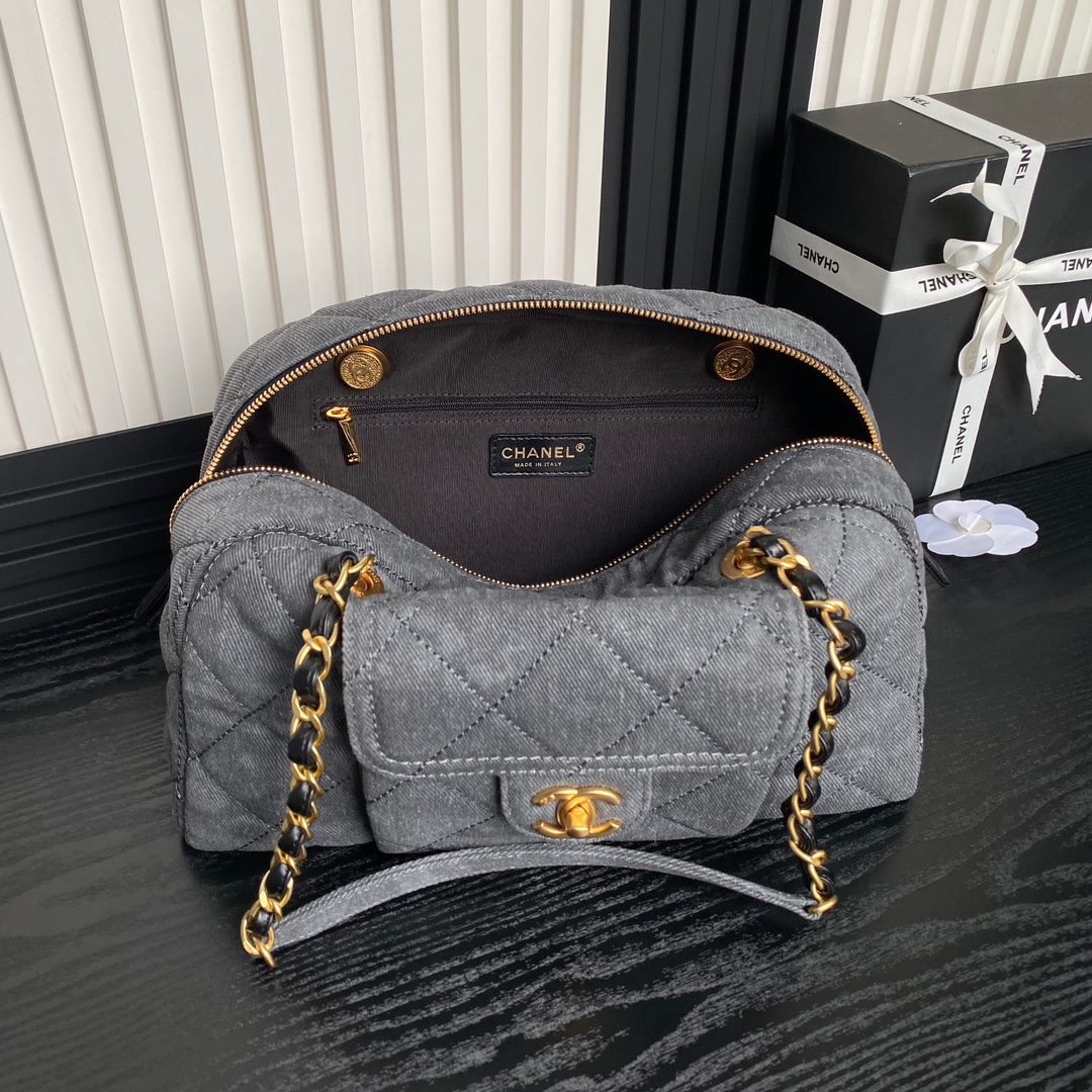 [TOP] CHANEL Denim Bowling Bag with Pocket 21.5×33×14.5cm/28×44×15.5cm - Gray