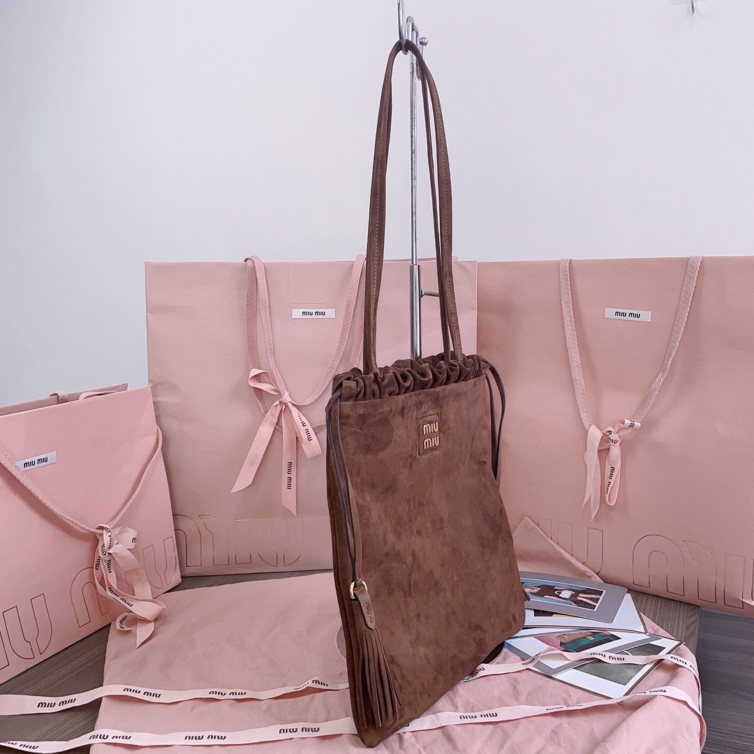 [TOP] Miu Miu Tote Bag with Tassel Drawstring Suede 28x31cm - Brown