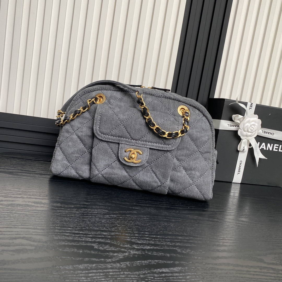 [TOP] CHANEL Denim Bowling Bag with Pocket 21.5×33×14.5cm/28×44×15.5cm - Gray