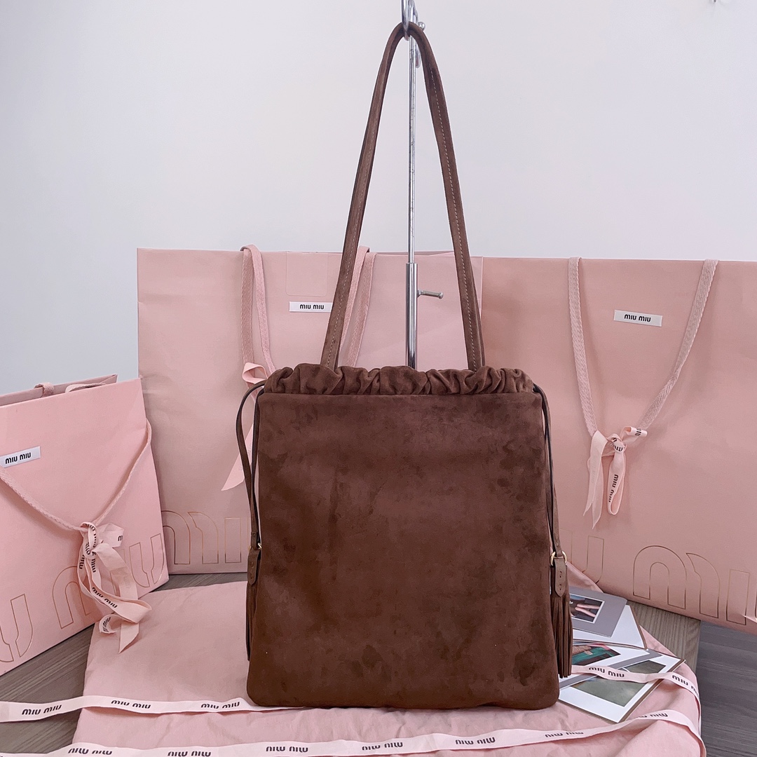 [TOP] Miu Miu Tote Bag with Tassel Drawstring Suede 28x31cm - Brown