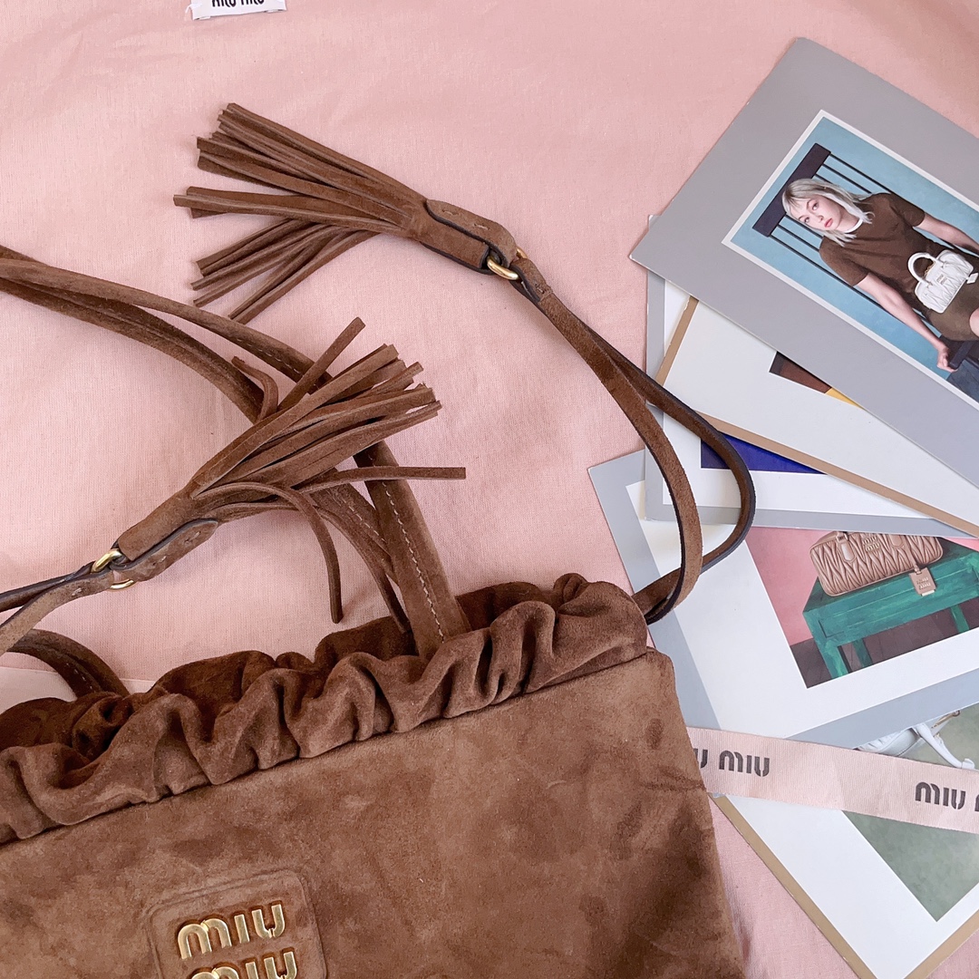 [TOP] Miu Miu Tote Bag with Tassel Drawstring Suede 28x31cm - Brown