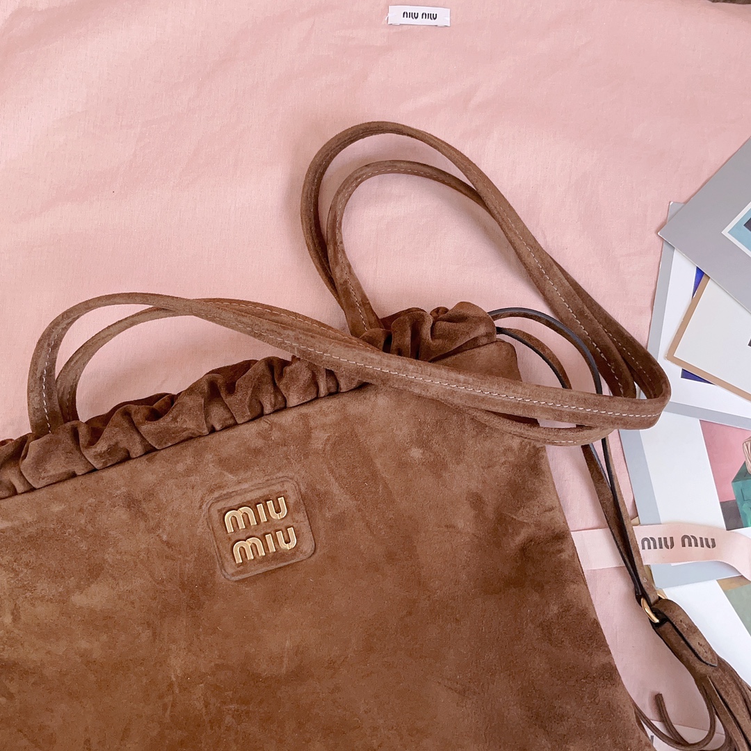 [TOP] Miu Miu Tote Bag with Tassel Drawstring Suede 28x31cm - Brown