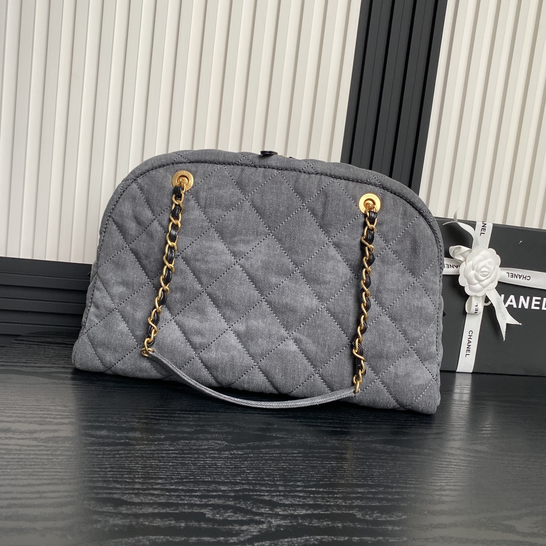 [TOP] CHANEL Denim Bowling Bag with Pocket 21.5×33×14.5cm/28×44×15.5cm - Gray