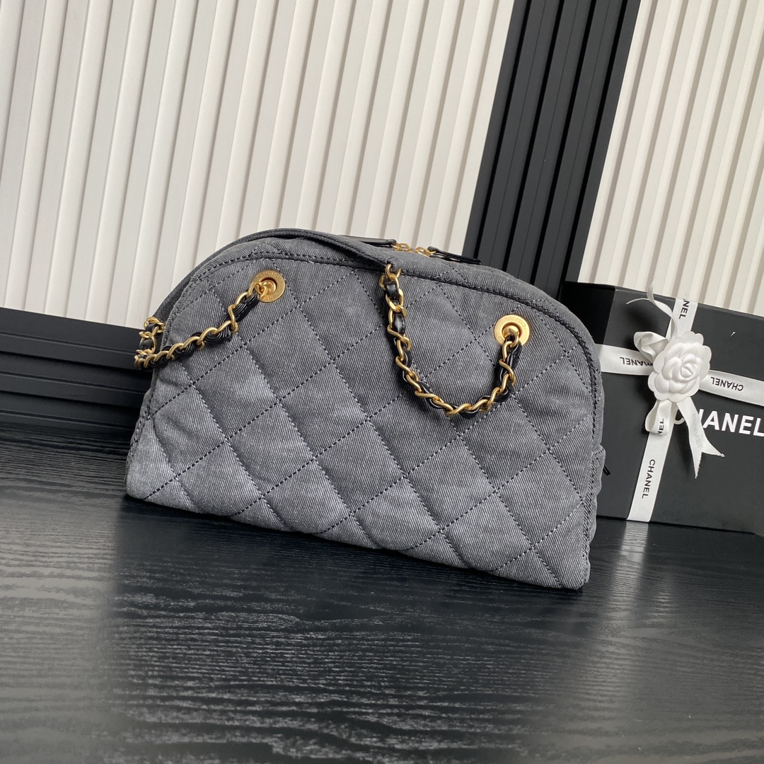 [TOP] CHANEL Denim Bowling Bag with Pocket 21.5×33×14.5cm/28×44×15.5cm - Gray
