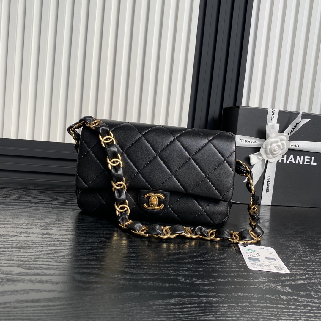 [TOP] CHANEL Flap Bag with Big Chain Strap 16cm/21cm/26cm - Black