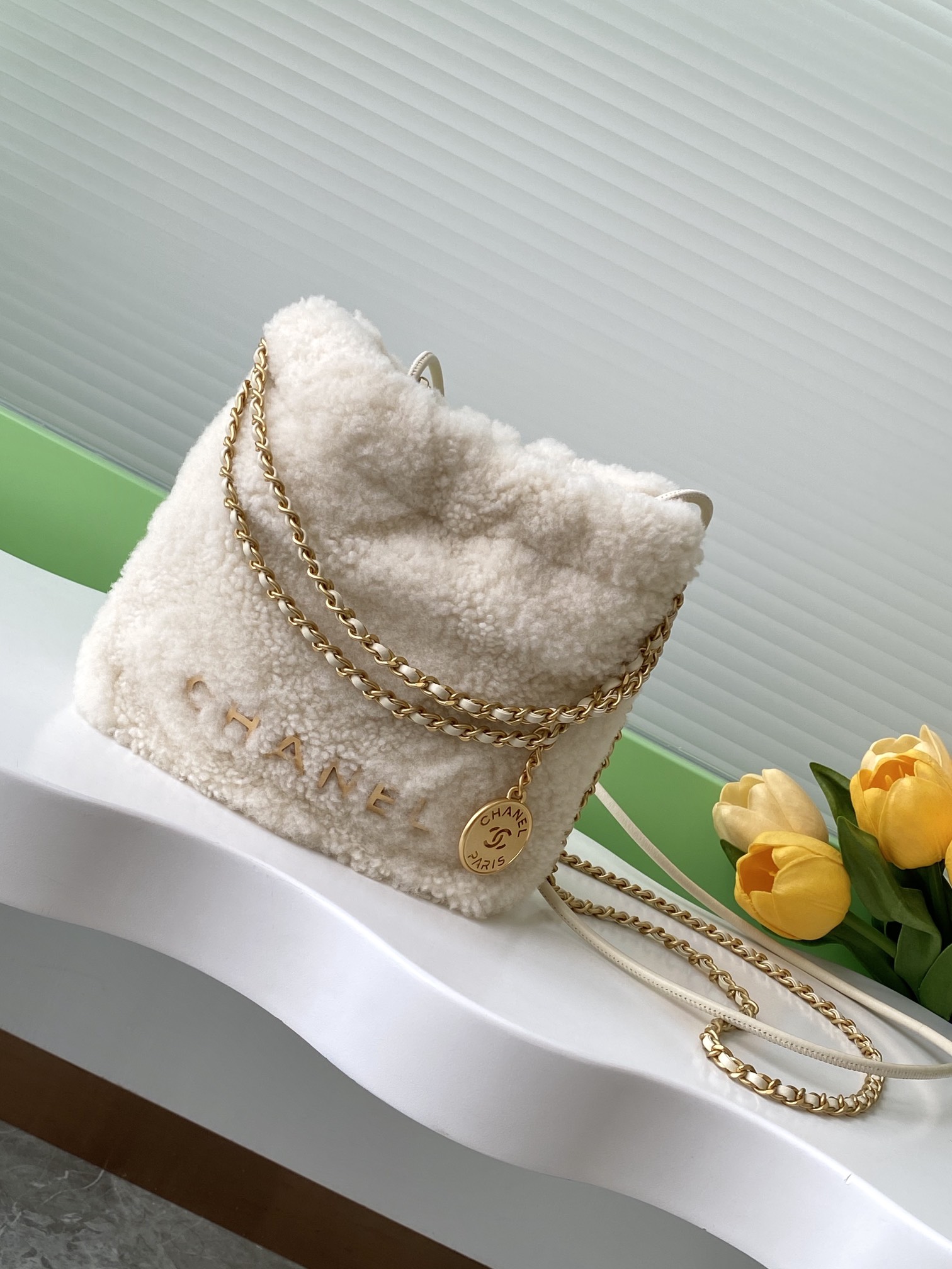 [TOP] CHANEL 22 Bag Wool 19x20x6cm/35x37x7cm - Beige