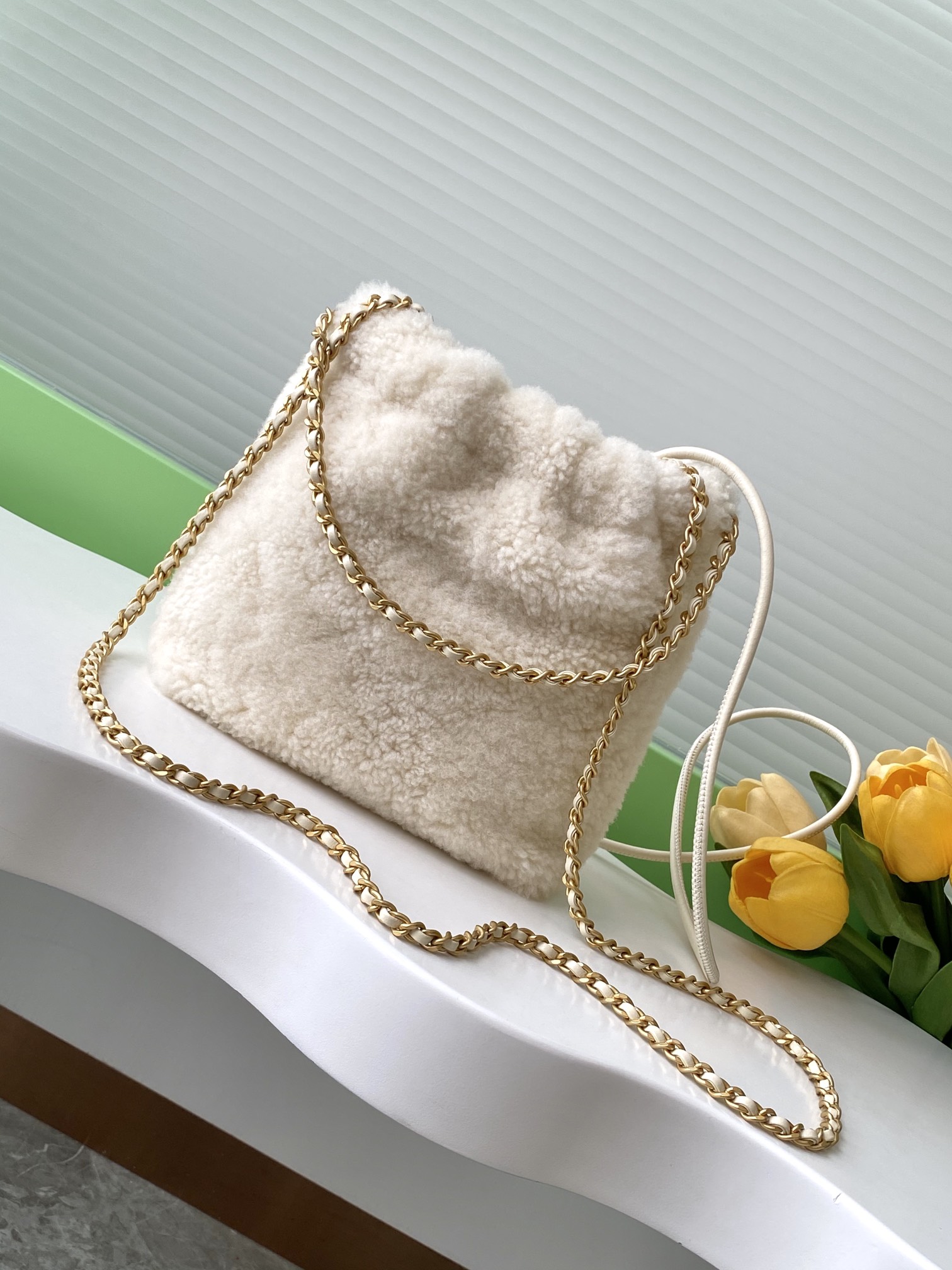 [TOP] CHANEL 22 Bag Wool 19x20x6cm/35x37x7cm - Beige