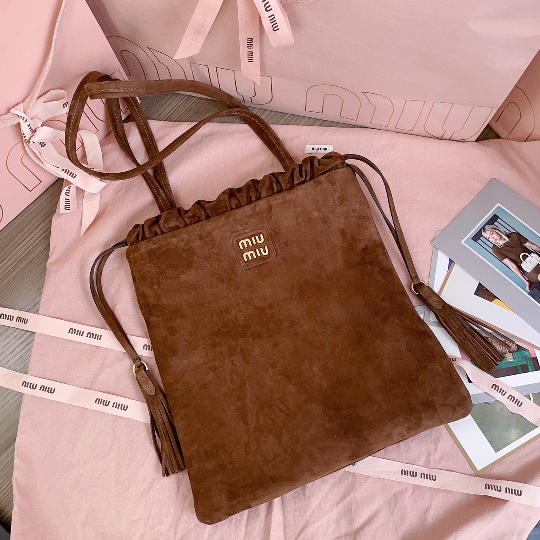 [TOP] Miu Miu Tote Bag with Tassel Drawstring Suede 28x31cm - Brown
