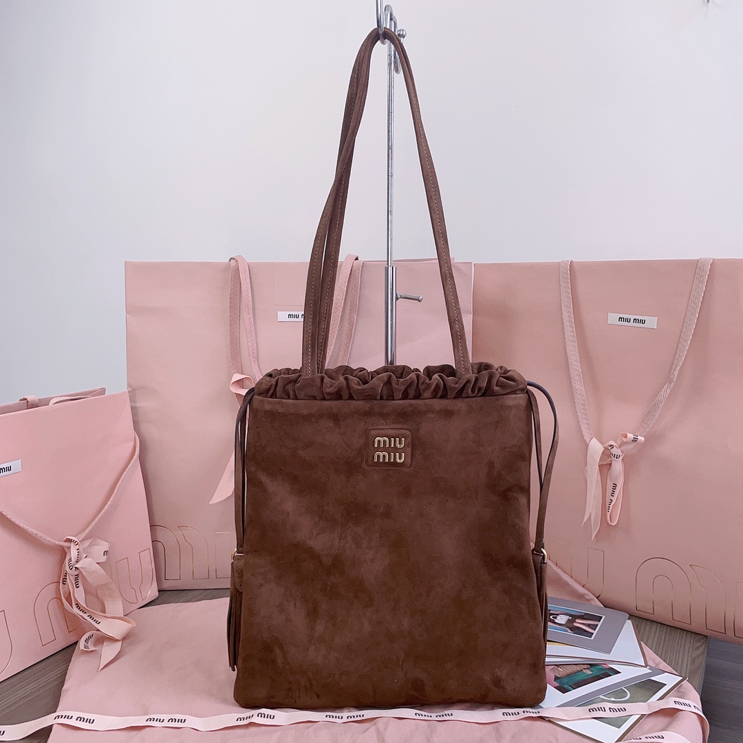 [TOP] Miu Miu Tote Bag with Tassel Drawstring Suede 28x31cm - Brown