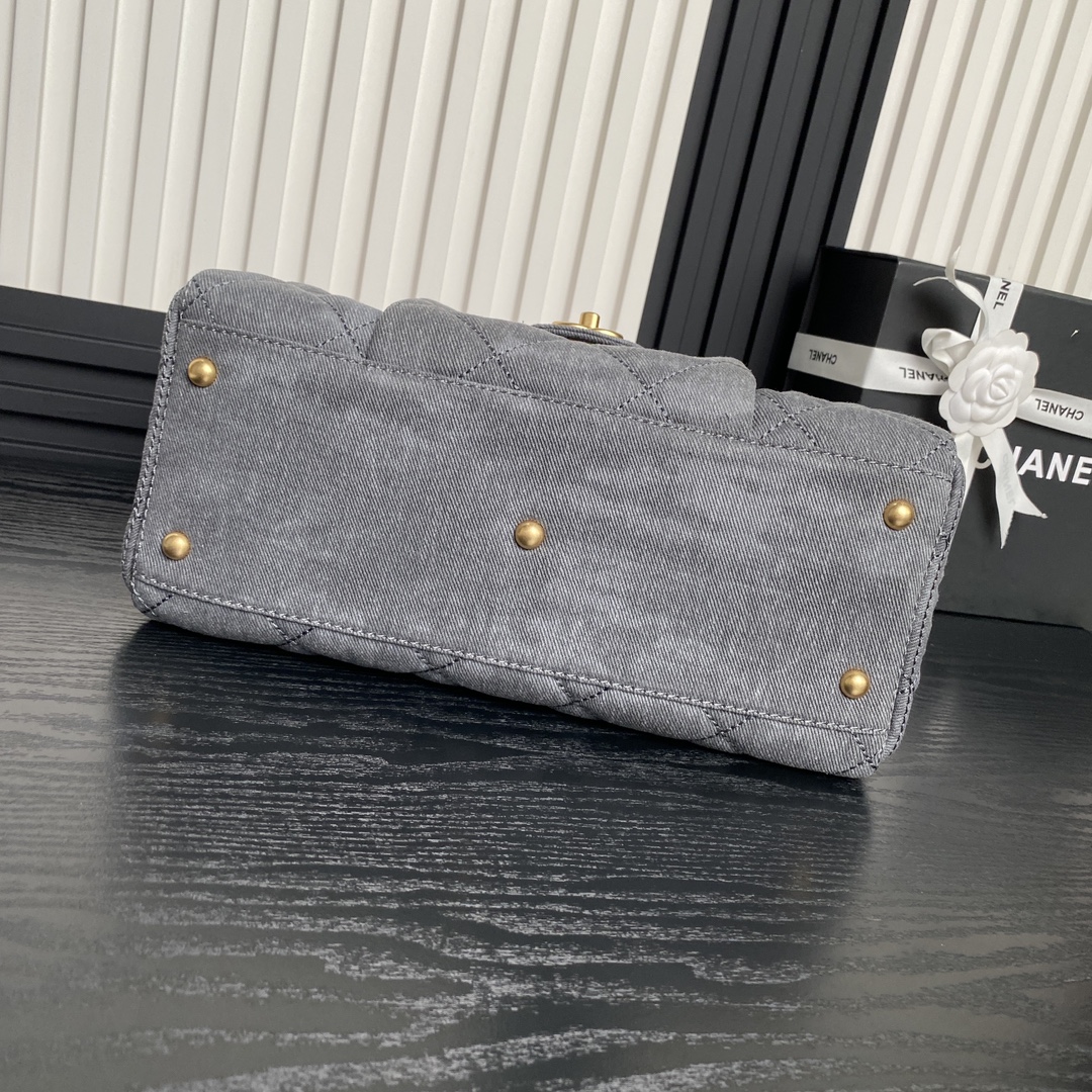 [TOP] CHANEL Denim Bowling Bag with Pocket 21.5×33×14.5cm/28×44×15.5cm - Gray