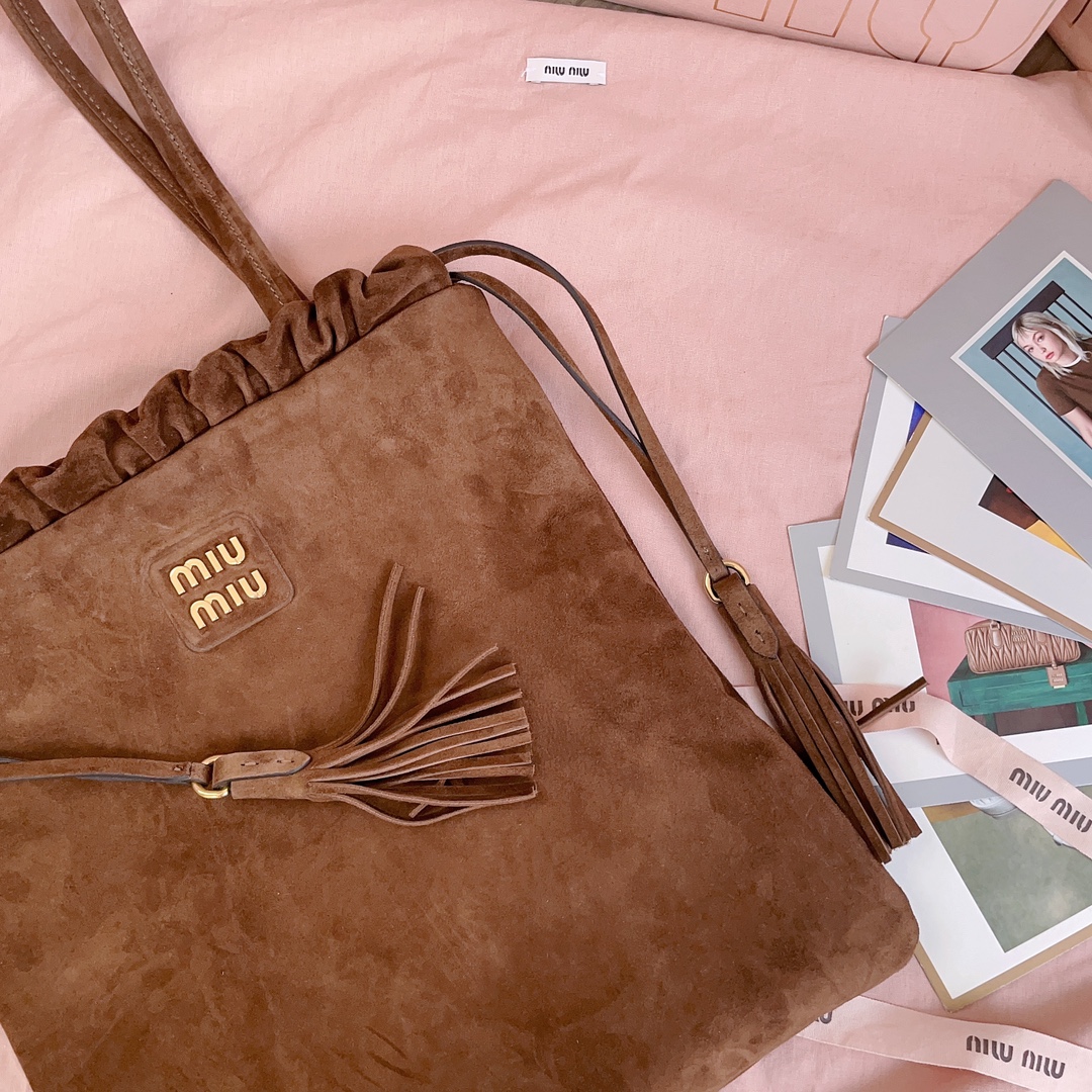 [TOP] Miu Miu Tote Bag with Tassel Drawstring Suede 28x31cm - Brown