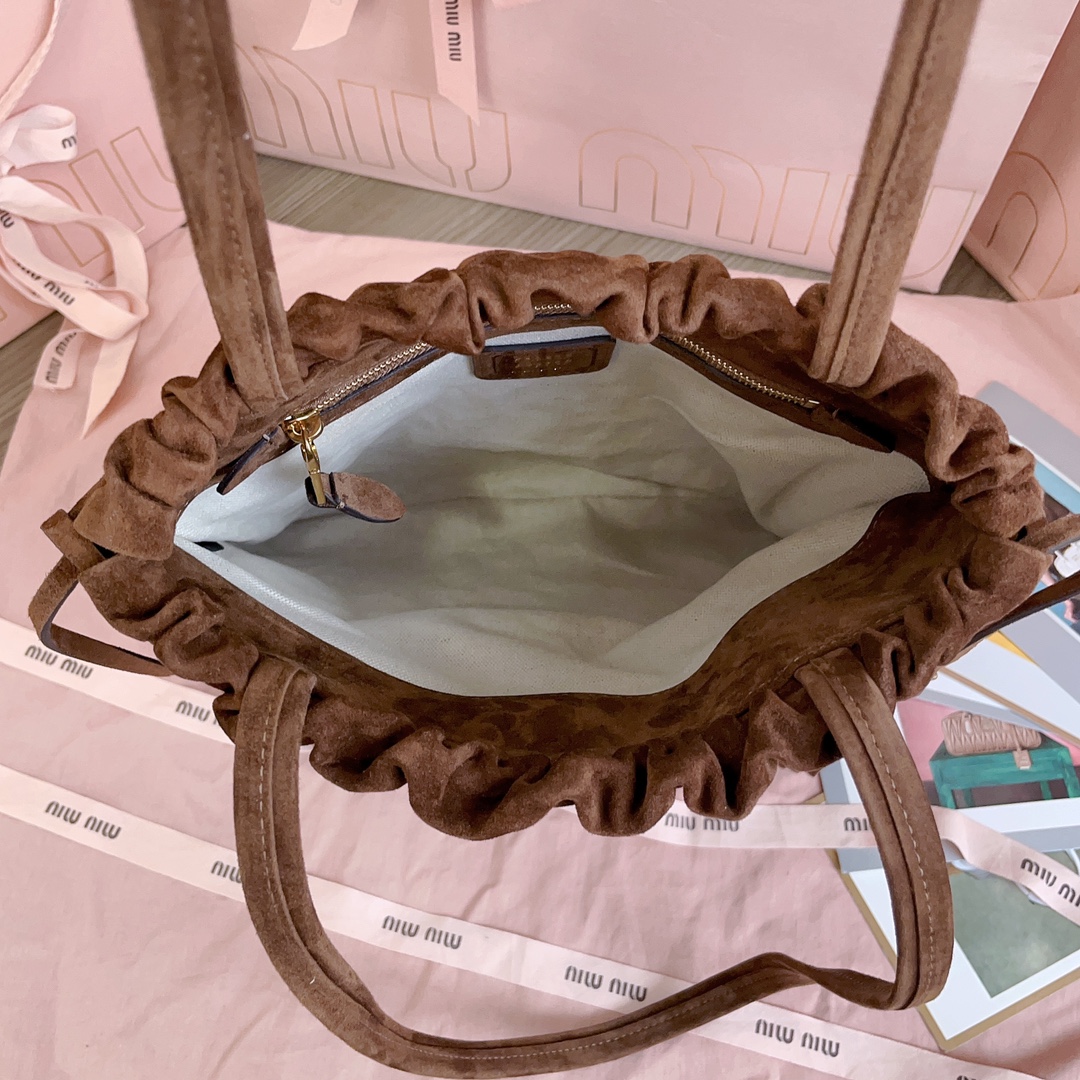 [TOP] Miu Miu Tote Bag with Tassel Drawstring Suede 28x31cm - Brown