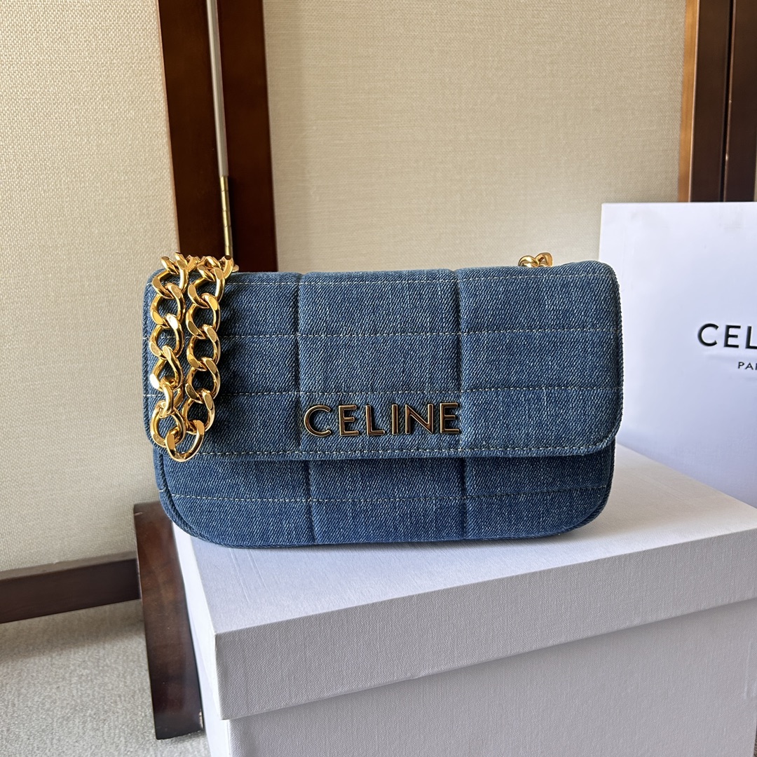 [TOP] CELINE Denim And Leather Bag With Chain 24x15x5cm - Blue