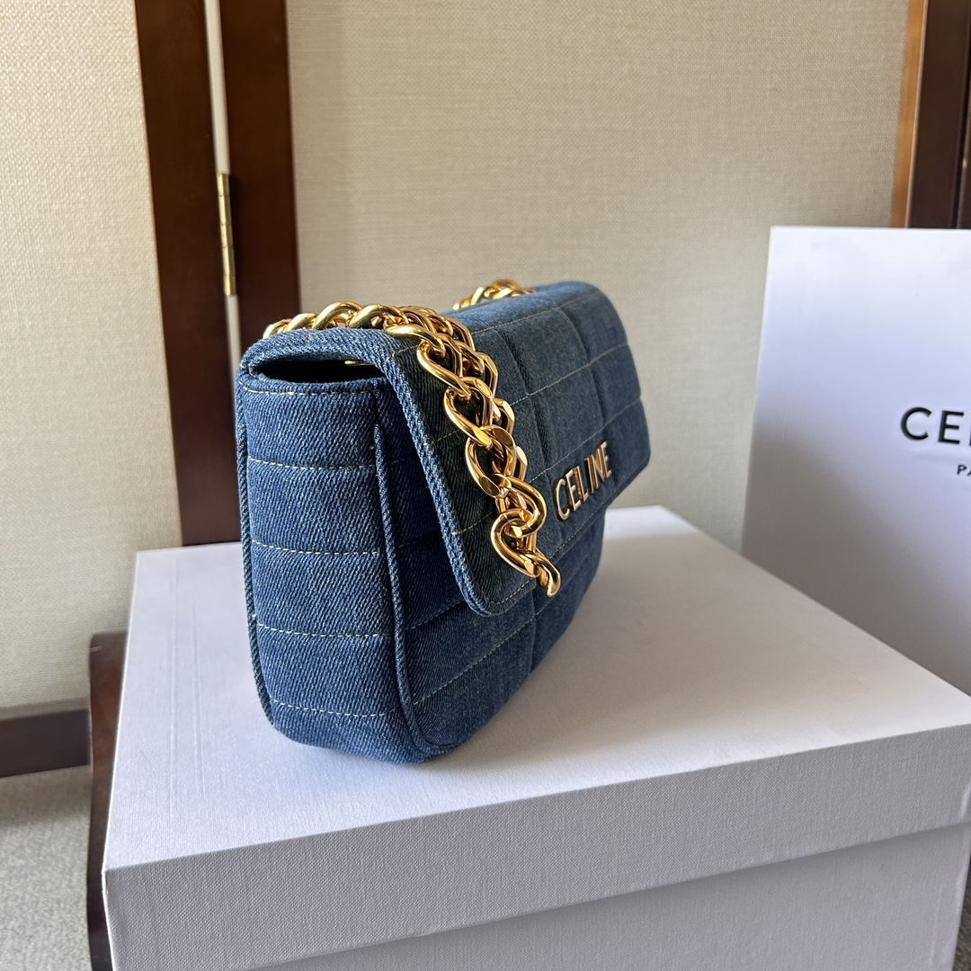 [TOP] CELINE Denim And Leather Bag With Chain 24x15x5cm - Blue