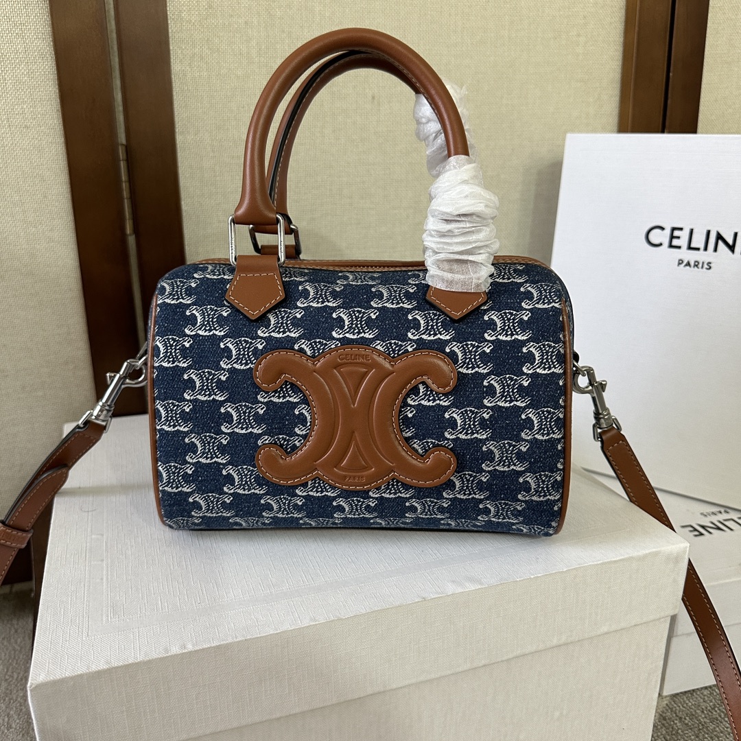 [TOP] CELINE Cuir Triomphe Cow Leather Boston Bag 19.5X14X7CM - Blue&Brown