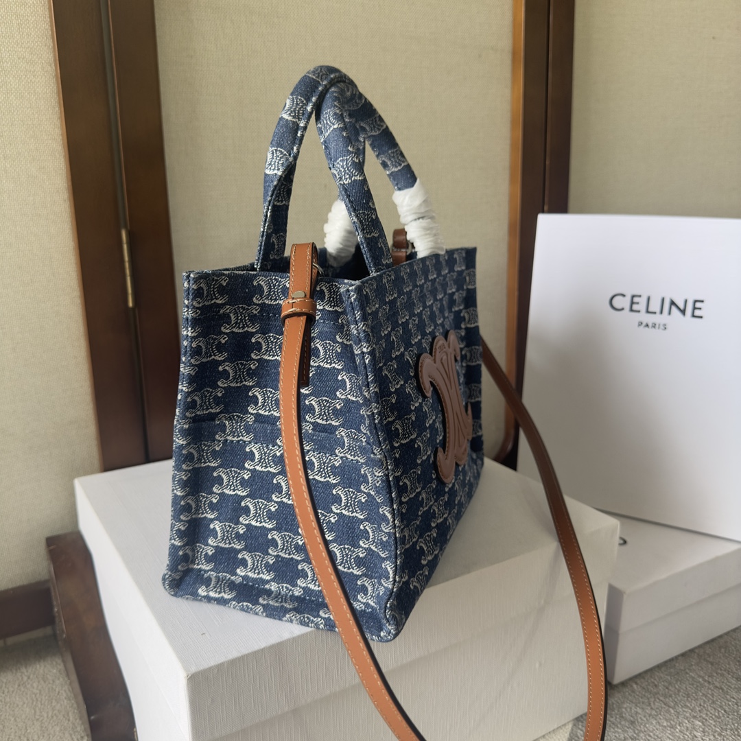 [TOP] CELINE Cabas Bags Denim And Cow Leather Handbags 25.5*18.5*12CM - Denim Blue