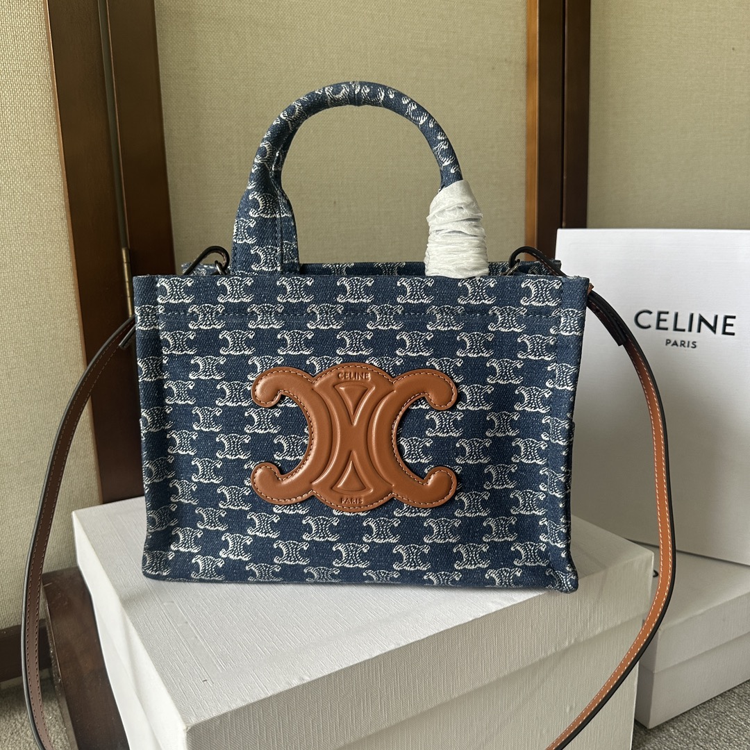 [TOP] CELINE Cabas Bags Denim And Cow Leather Handbags 25.5*18.5*12CM - Denim Blue