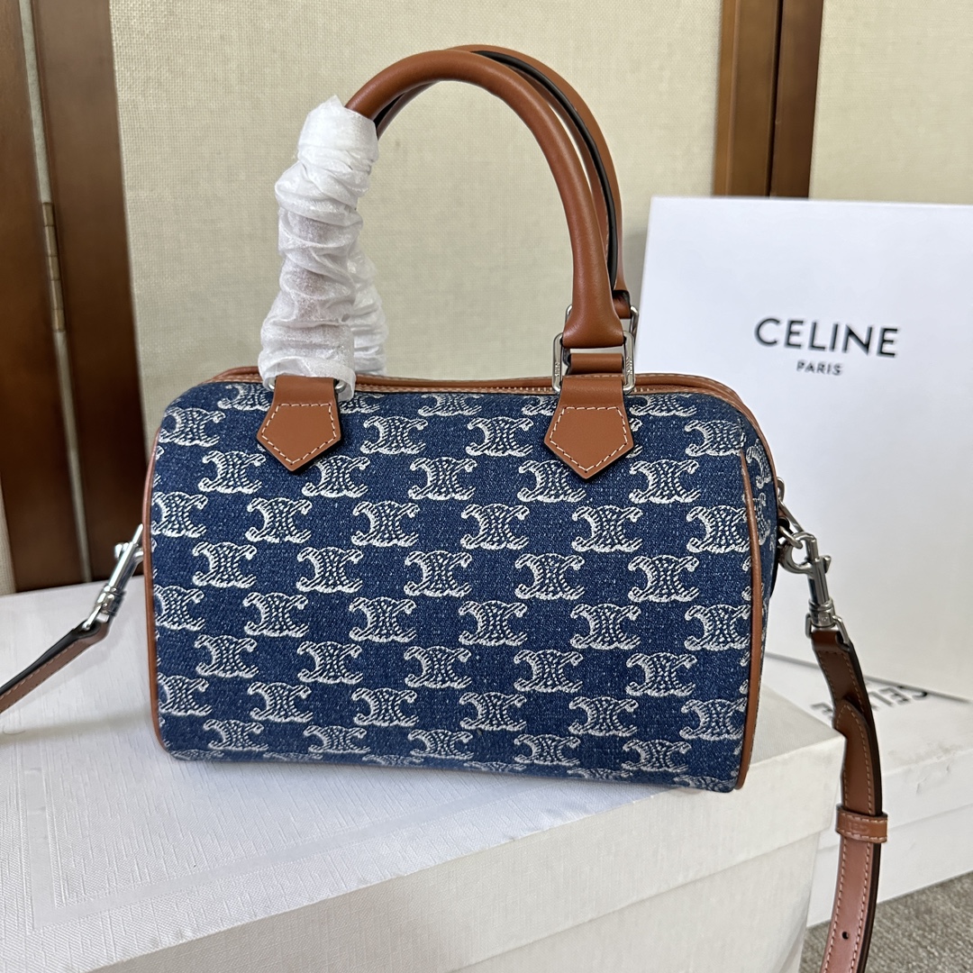 [TOP] CELINE Cuir Triomphe Cow Leather Boston Bag 19.5X14X7CM - Blue&Brown