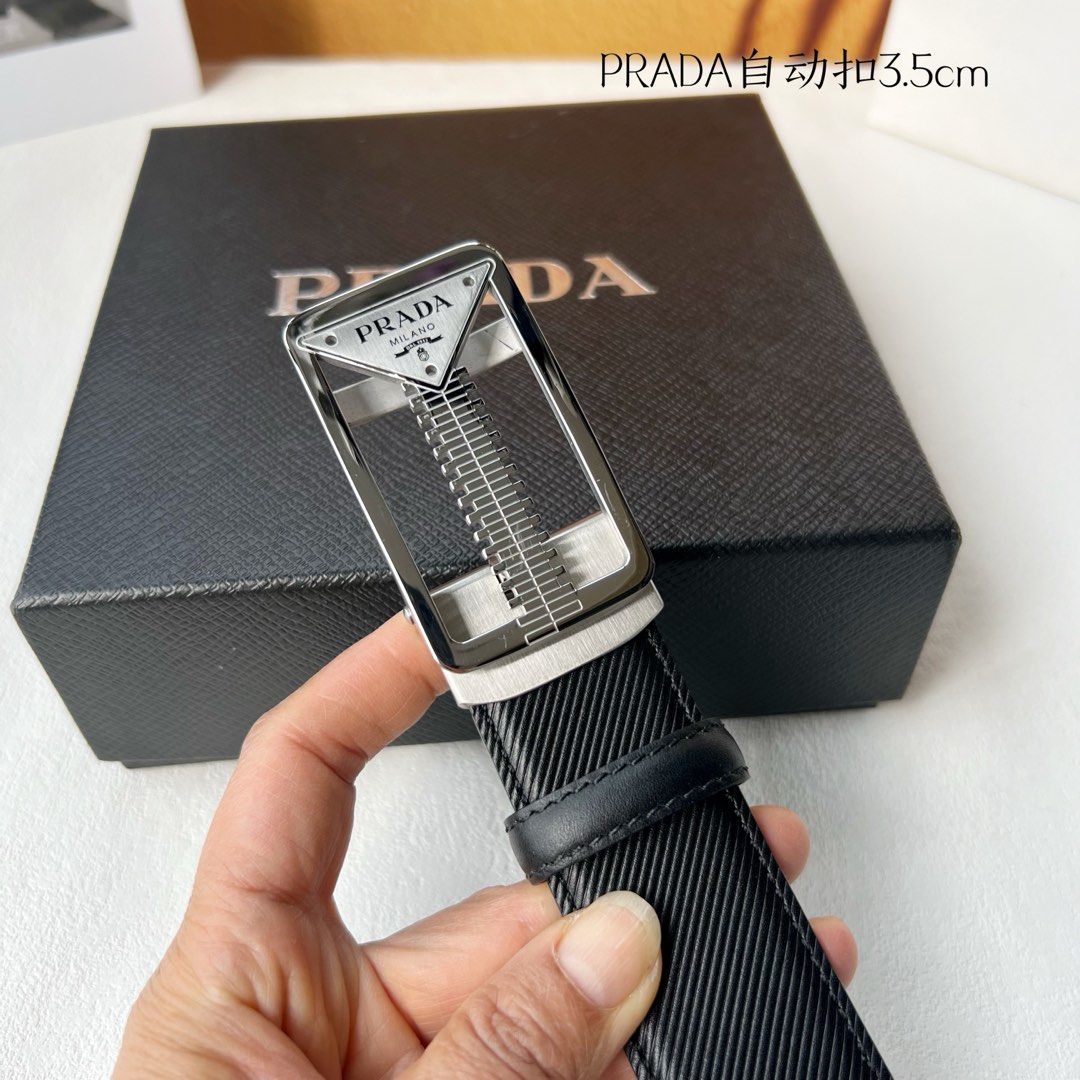[TOP] PRADA Belt Calfskin with Metal Logo - 3.5CM