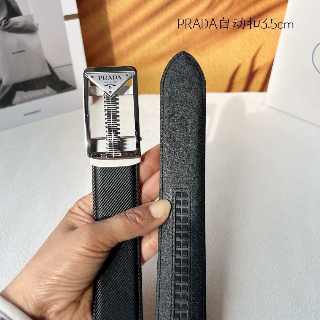 [TOP] PRADA Belt Calfskin with Metal Logo - 3.5CM