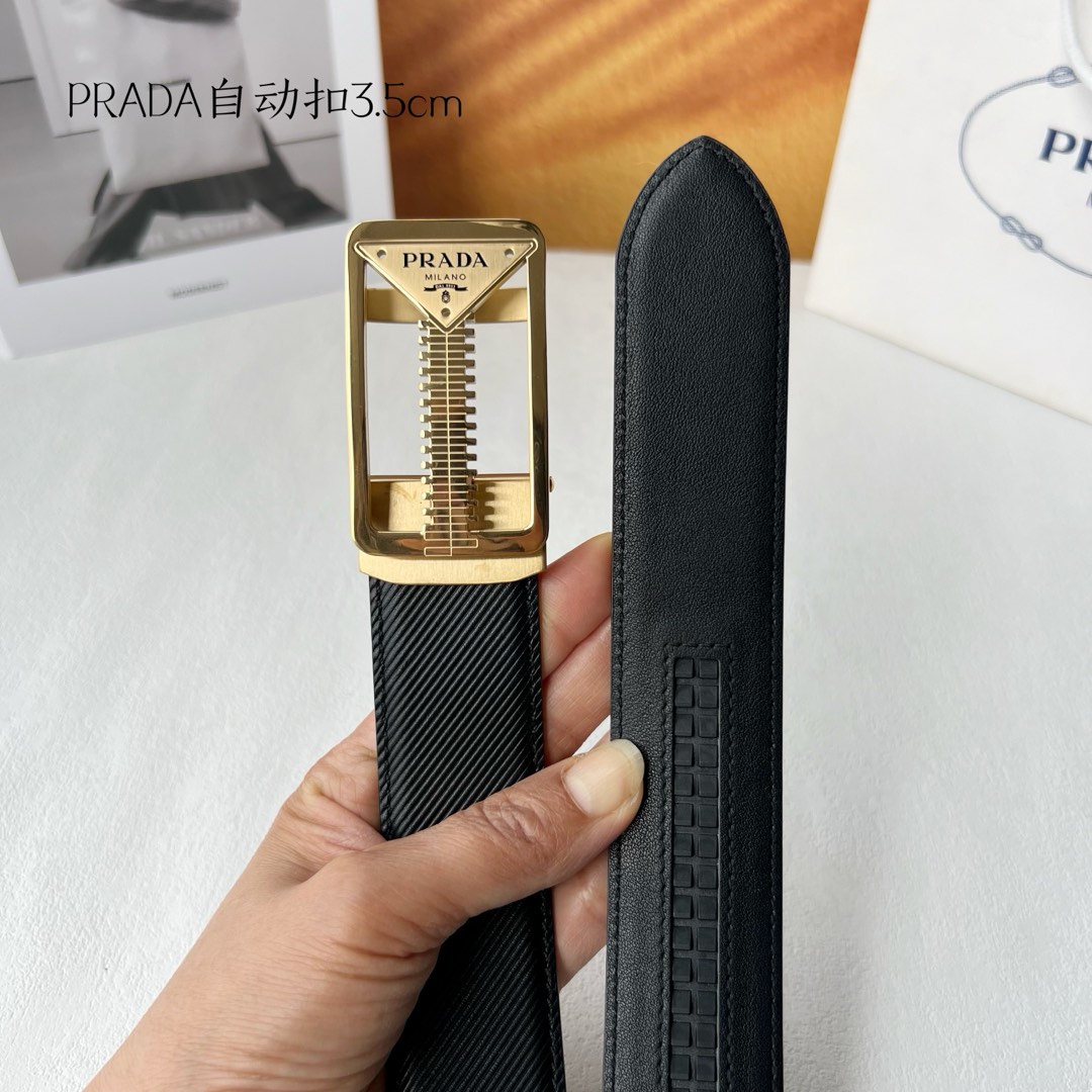 [TOP] PRADA Belt Calfskin with Metal Logo - 3.5CM