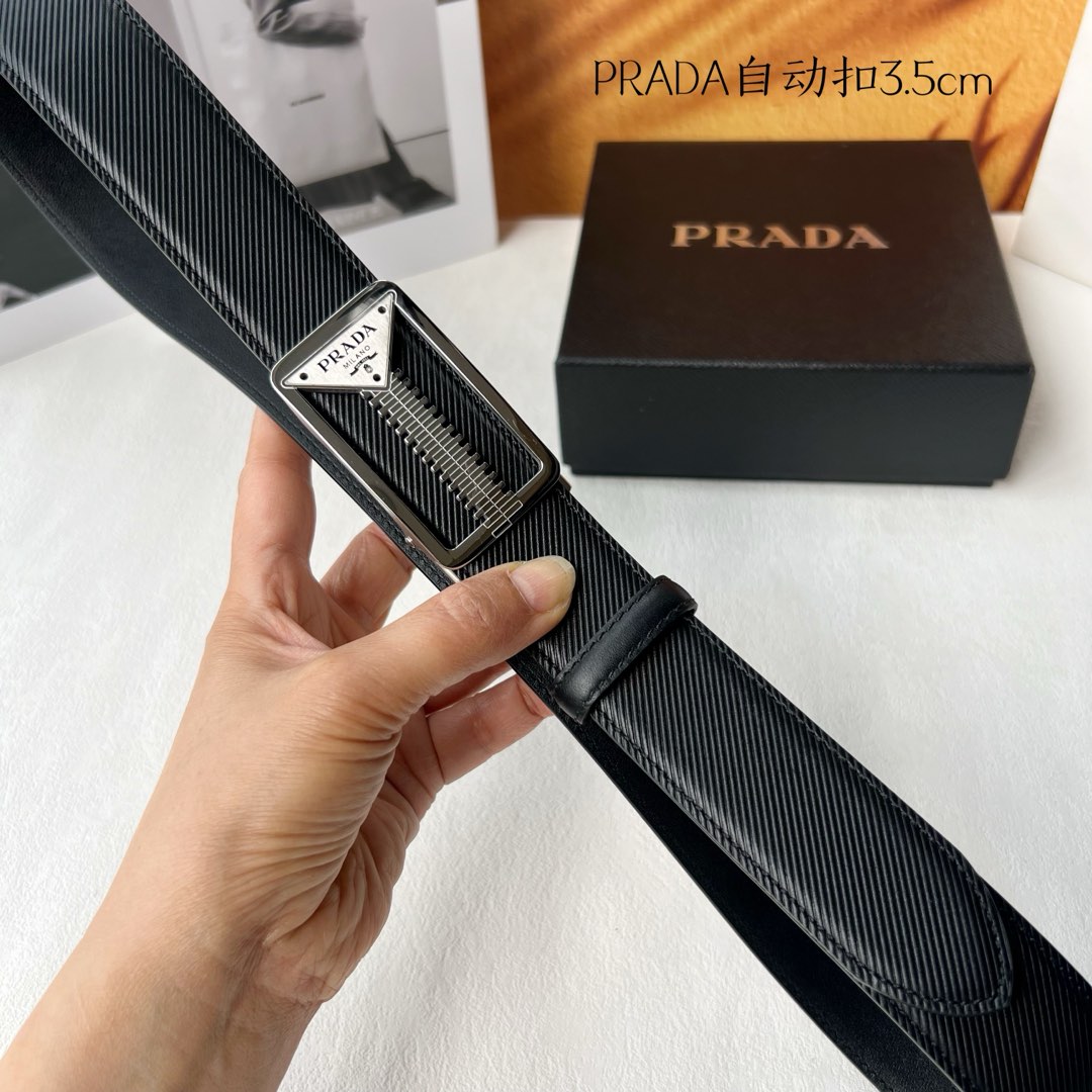 [TOP] PRADA Belt Calfskin with Metal Logo - 3.5CM