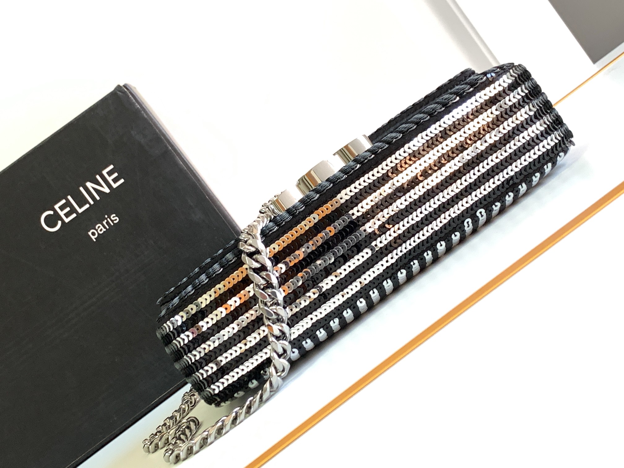 [TOP] CELINE Triomphe Bag Sequin Chain Bag 20.5*10.5*4cm - Silver