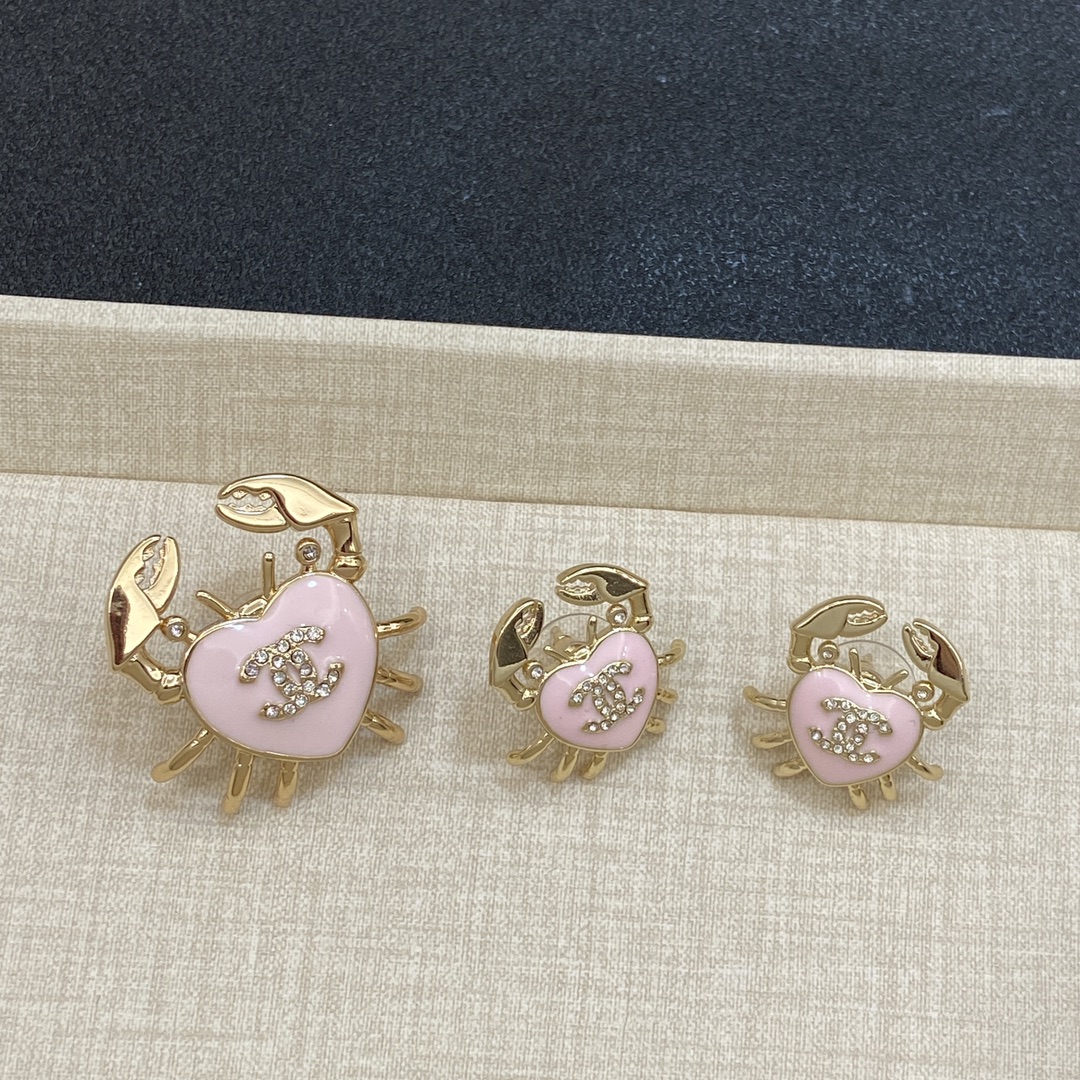 [TOP] CHANEL Love Brooch+Earrings - Pink