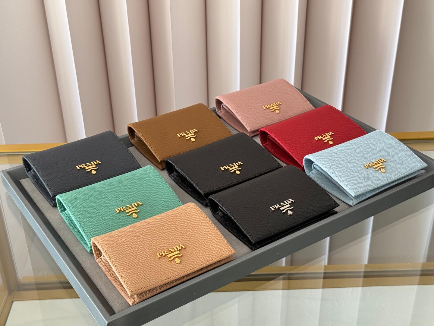 [TOP] PRADA Plain Leather Folding Wallet 11.2x9.5cm - 9 Colors